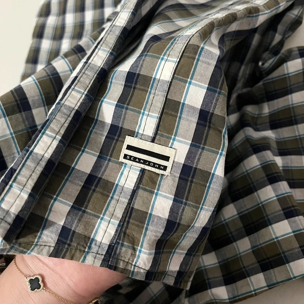 Sean‎ John Mens Plaid Short Sleeve Button Up Shirt Green Blue White Size 3X